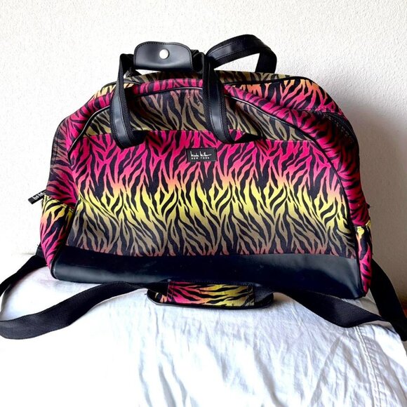 Nicole Miller multicolor zebra print duffel bag cheetah print lining - Picture 1 of 7